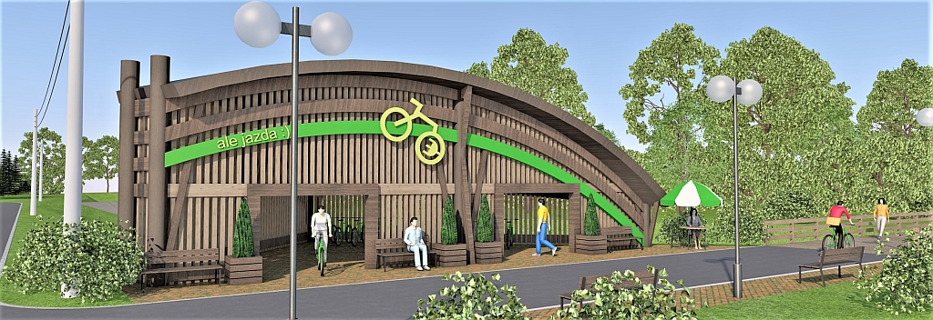 wizualizacja eko wiaty w Zielonej z wypożyczalnią sprzętu rowerowego